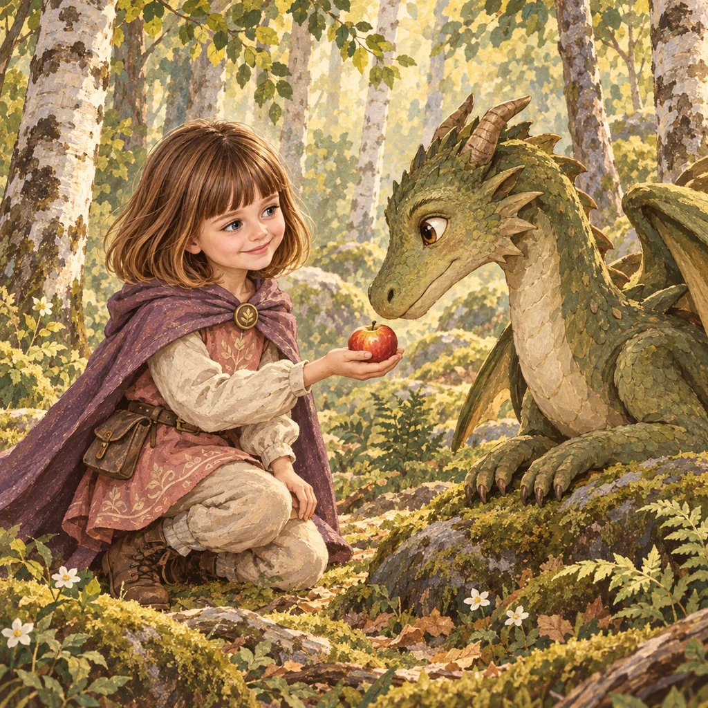 Emma, avec son carré brun et sa frange, offre une pomme à un gentil dragon vert dans la forêt.